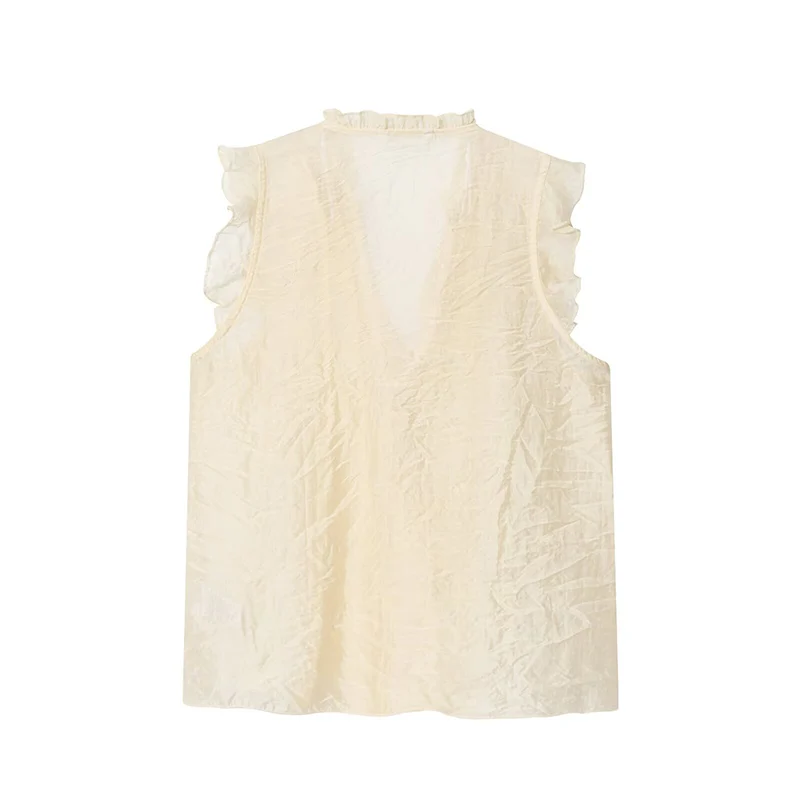 New Ruffles Tops Fashion Semi-Transparent Short Top Woman 2025 Sleeveless Ruched Tops For Women Elegant Party Top