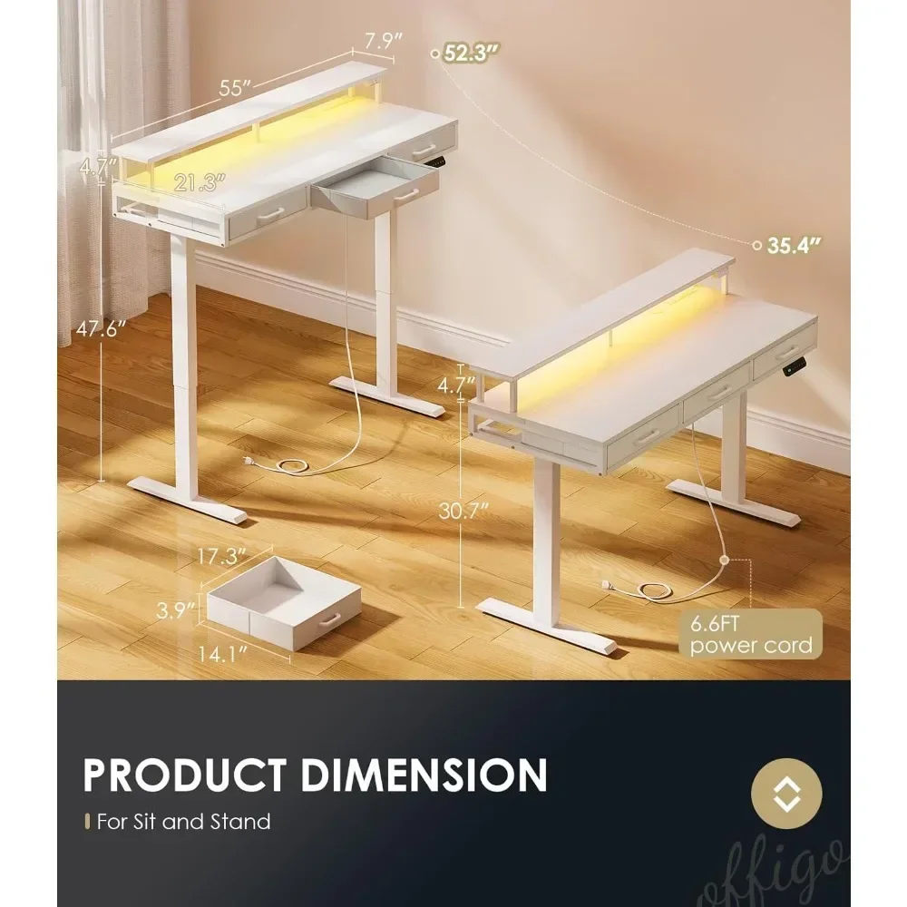 "height-adjustable desk with drawers, 55" standing desk with power outlets and led lighting, ergonomic sit-stand desk with monit