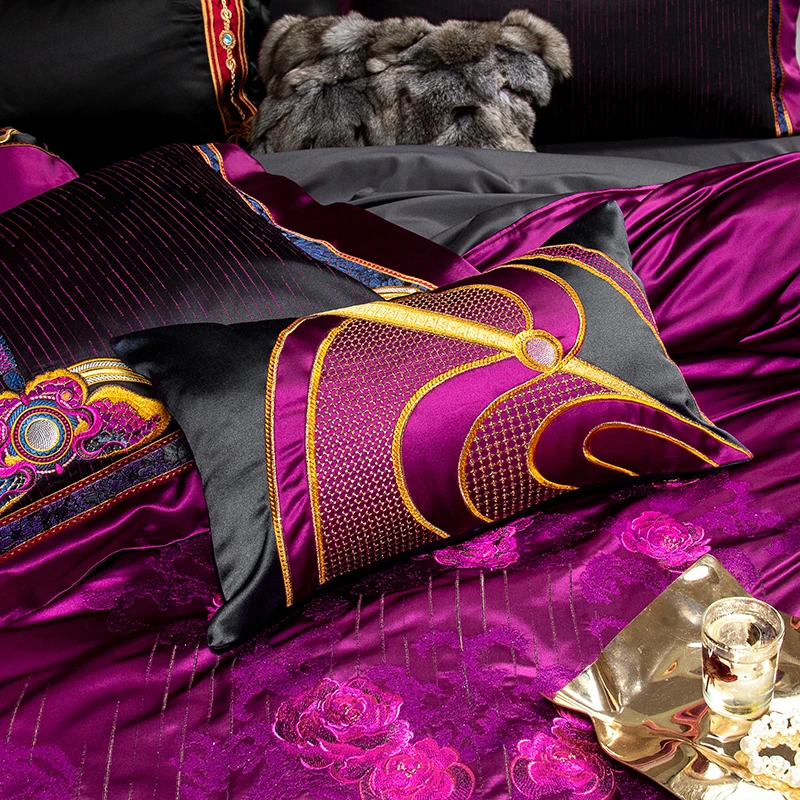 Luxury 800TC Brocade Jacquard  Black Purple Patchwork Embroidery Bedding Set Quilt Cover Bed Sheet Or Bedspread Pillow Shams 6
