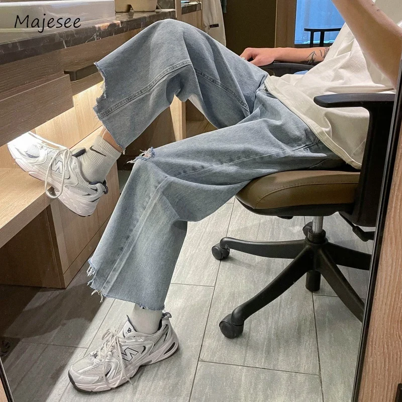 

Ripped Hole Jeans Men Youthful Japanese Style S-5XL Daily Ankle-length Raw Edge Fashion Baggy Trousers All-match Teenagers New