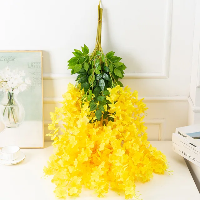 Artificial Plant Wisteria Flower Wall Hanging Rattan Decoration Home Hotel Garden Hall Decoration Wedding Scene Ceiling Pendant Encrypted yellow