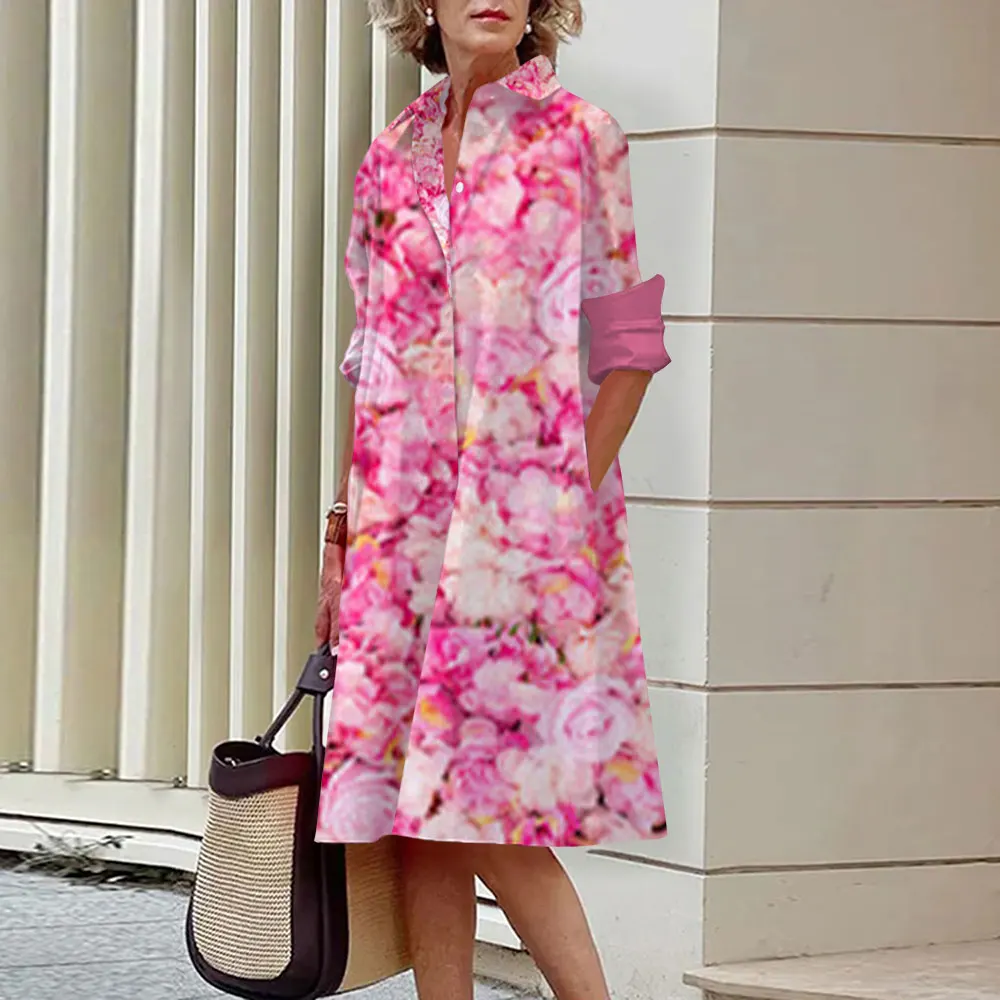 

Blouses Dresses For Women 2023 Trend Gradient Flowers Print Sexy Shirt Summer Dress Loose Fashion Casual Turn-Down Collar Pocket