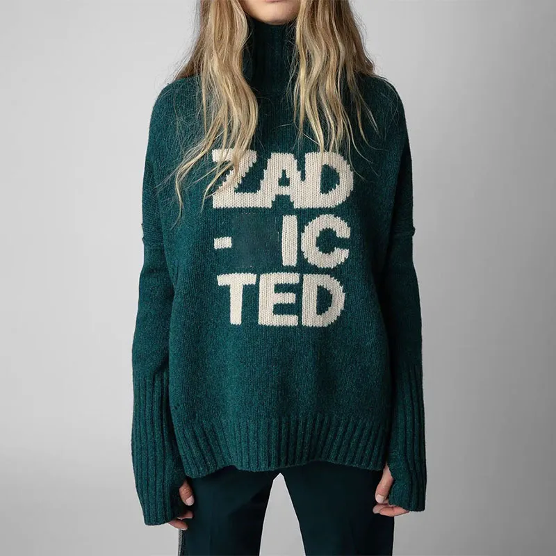 

Zadig Casual Jumpers Women Winter Wool Casual Knitwear Tops Female Classic Letter Long Sleeve Turtleneck Loose Green Sweater