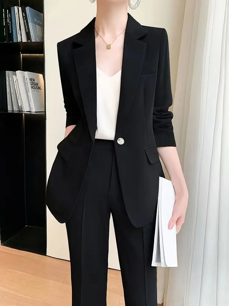 Jinsen Aite Women Suits Office Sets Long Sleeve Casual Temperament Blazer Women Vintage Slim Solid Pants 2 Piece Sets