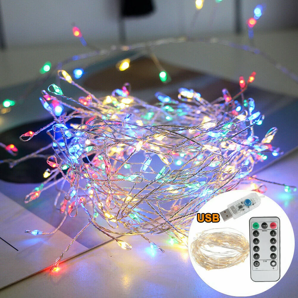 thumbnail image 1 of Guirnalda de luces LED de alambre plateado para exteriores, 3/5 m, 200 LED, para cafetería, bar, boda, fiesta, Navidad, decoración del hogar, 1 of 5