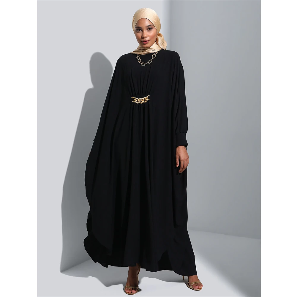 

Black Abaya for Women Chain Bat Sleeve Loose Muslim Dress Eid Mubarak Ramadan Dubai Turkey Kaftan Marocain Djellaba Robe Caftan