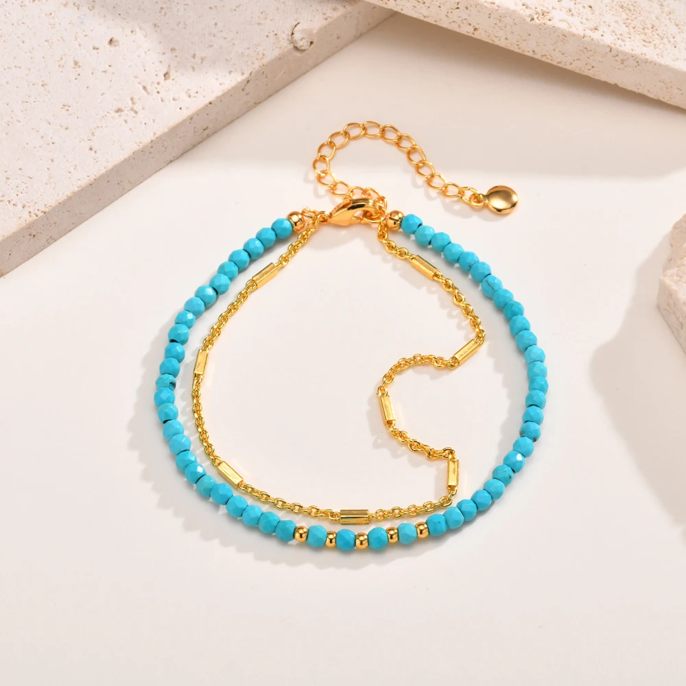 Bracciale turchese per donna, bracciale con perline rotonde a doppia catena, regalo di gioielli placcati in oro senza appannamento  36