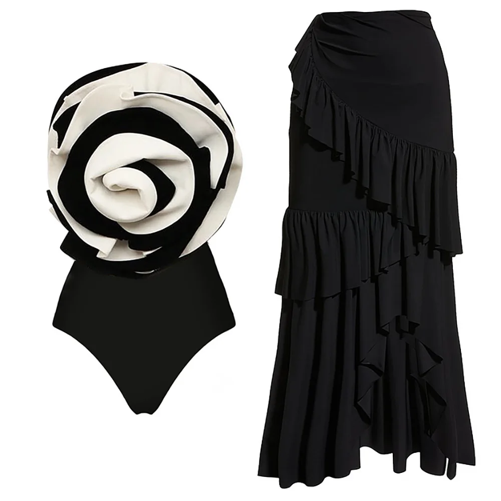 Women's New Swimsuit Black and White Large Flower Contrast Color High-end One-piece Cover Up Dress Swimwear Bikini Summer Beach