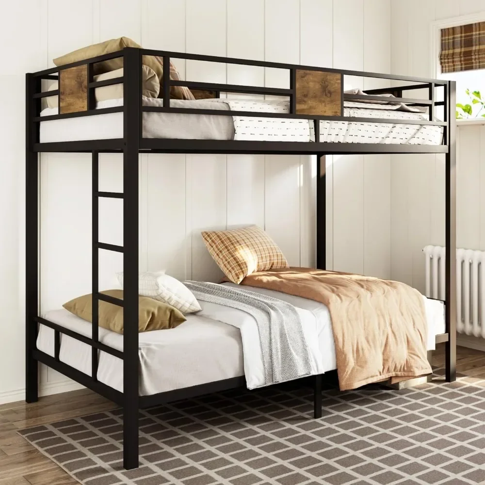 

Twin Over Twin Bunk Bed with Rustic Wooden Accents, Sturdy Metal Frame, Space-Saving Design, Noise-Free, Black Beds