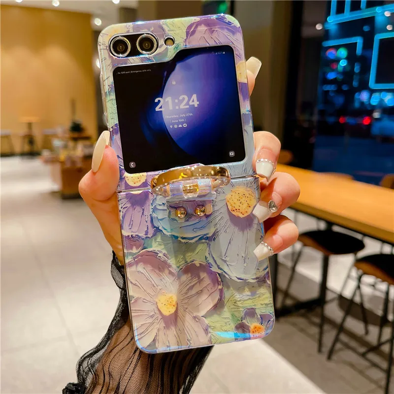 Ring Blu-ray Flower Phone Case For Samsung Galaxy Z Flip 5 4 3 5G PC Protective Flip5 Flip4 Flip3 Cover