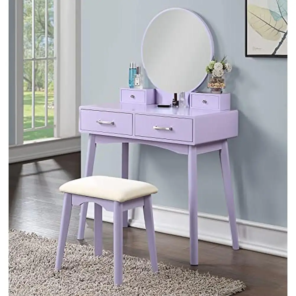 Vanity Table Set Contemporary 4-Drawer Vanity Table Set with Purple Stool