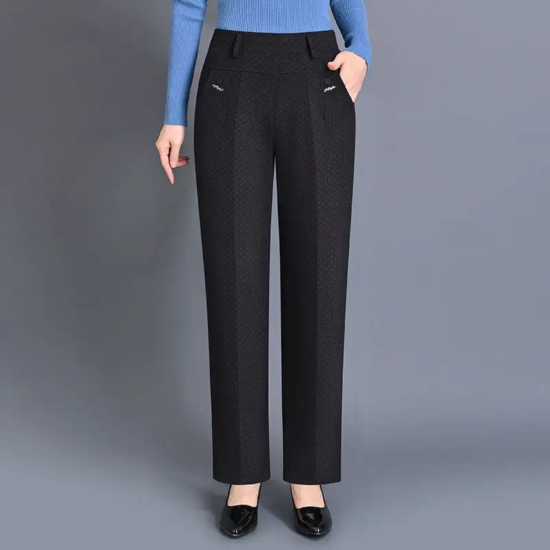 Spring and Autumn Women's Elastic High Waist Solid Polka Dot Print Rivet Wide Leg Trousers Fashion Casual Office Lady Pants
