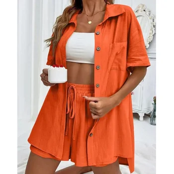 Long Sleeve Single breasted Top Broad legged Shorts Set Fashion Ladies Sexy Solid Suits 2024 Summer 2 Piece Outfits For Women 1