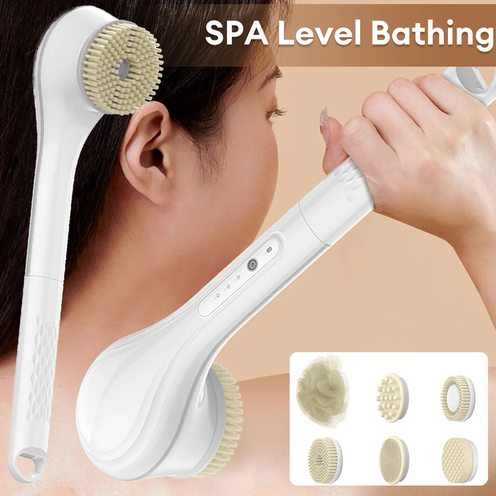 Electric Bath Brushes Soft Hair Silicone Body Works Scrubber Shower Massage Brush Waterproof IPX7 Back Long Handle Back Brushes