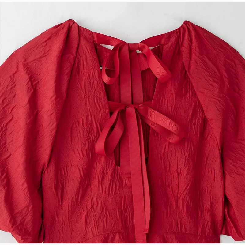 Minivestido retro con cordones en la espalda lisa para mujer, elegante, holgado, de manga corta abullonada, con cuello redondo, para fiesta navideña, ropa de calle