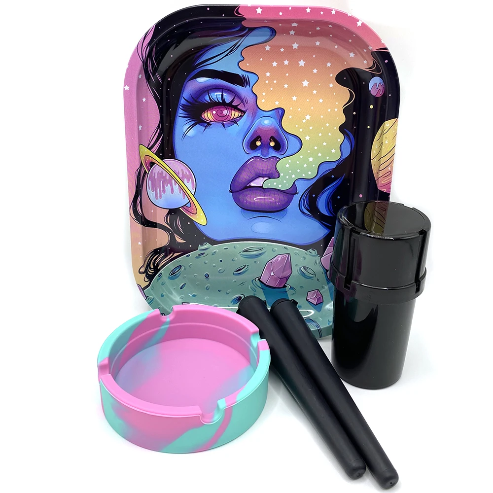 5Pcs Cigarette Plastic Herb Grinder Tobacco Silicone Round Ashtray Metal Rolling Tray 18X14cm Storage Tube Container Smoking Set 4