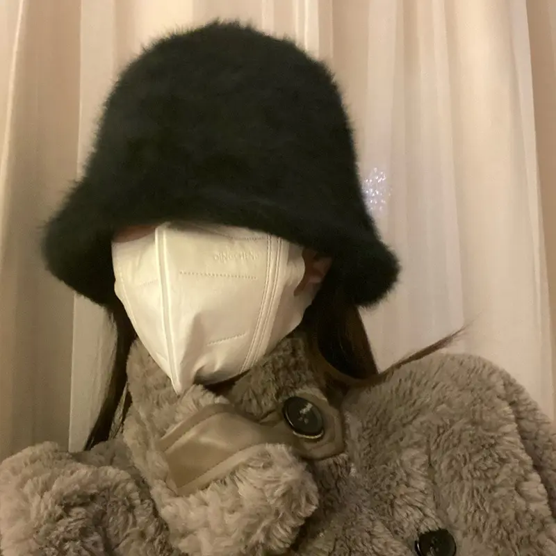 Women Hat Solid Color Fisherman Hat Imitation Rabbit Hair Cover Ear Protection Cold Proof Warm Plush