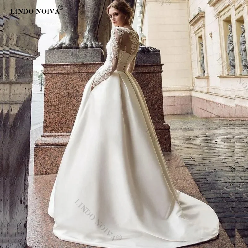 

LINDO NOIVA Lace Appliques A-Line Wedding Dresses Full Sleeve Wedding Gowns for Women 2023 Bride O-Neck vestidos de noiva civil