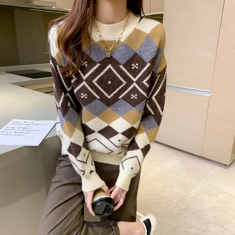 

Women O-Neck Loose Casual Pullovers Autumn Winter Fashion Warm Long Sleeve Leisure Knitted Jumpers Red Argyle Knitted Sweater