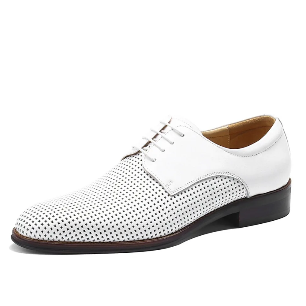 Men's Business Casual Oxford Shoes Real Cow Leather Comfortable Breathable Hollow Soft Leather Summer Shoes White Wedding