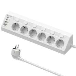 EU Plug Wall - Mounted Power Socket with 6 AC Outlets, 4 USB Ports & Child Safety Features - 2 Meter Extension Cord - White