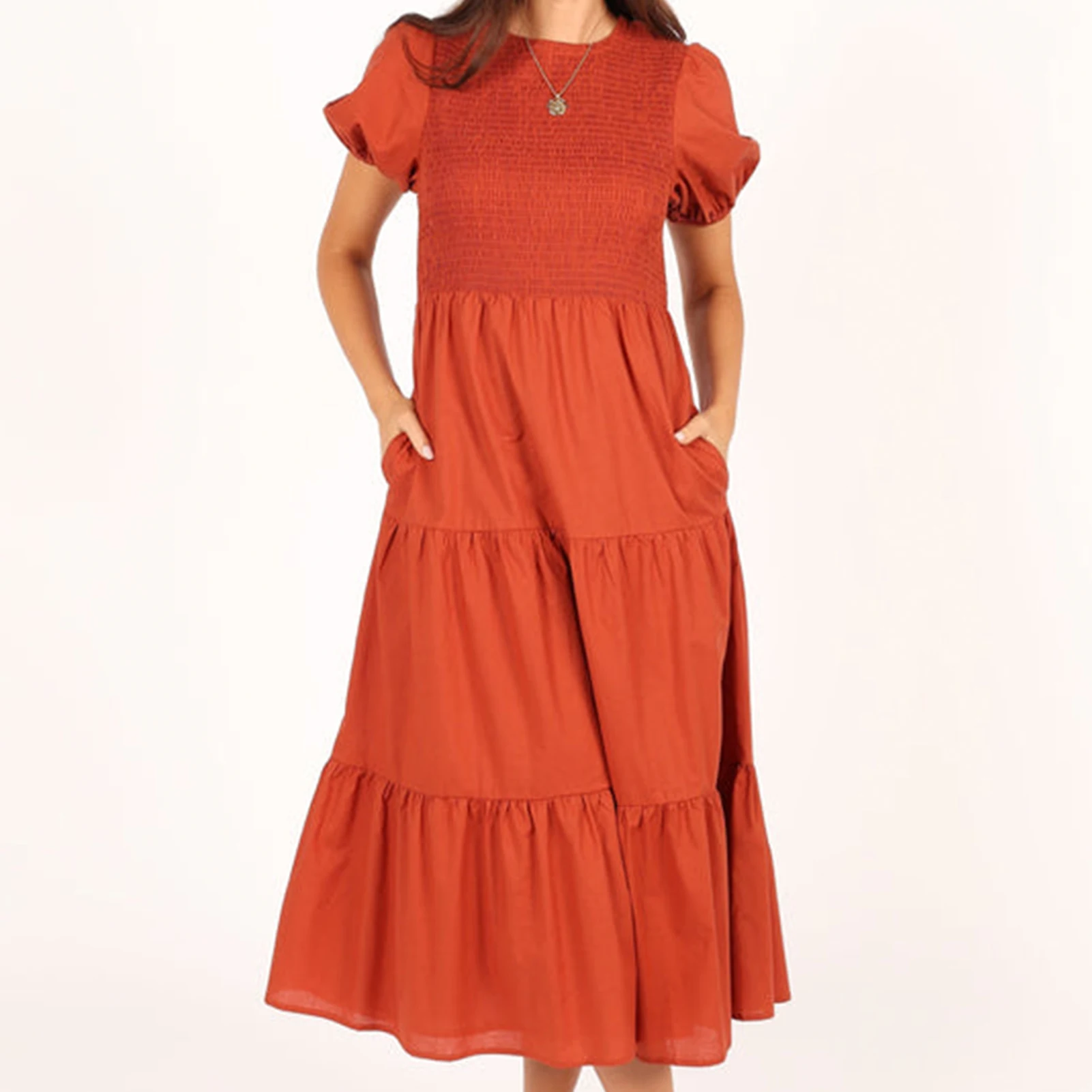 

Women Elegant Maxi Dress Casual Style Ladies Short Sleeve Dress Puff Sleeve Loose Fit Crew Neck Solid Color Daily Outfit