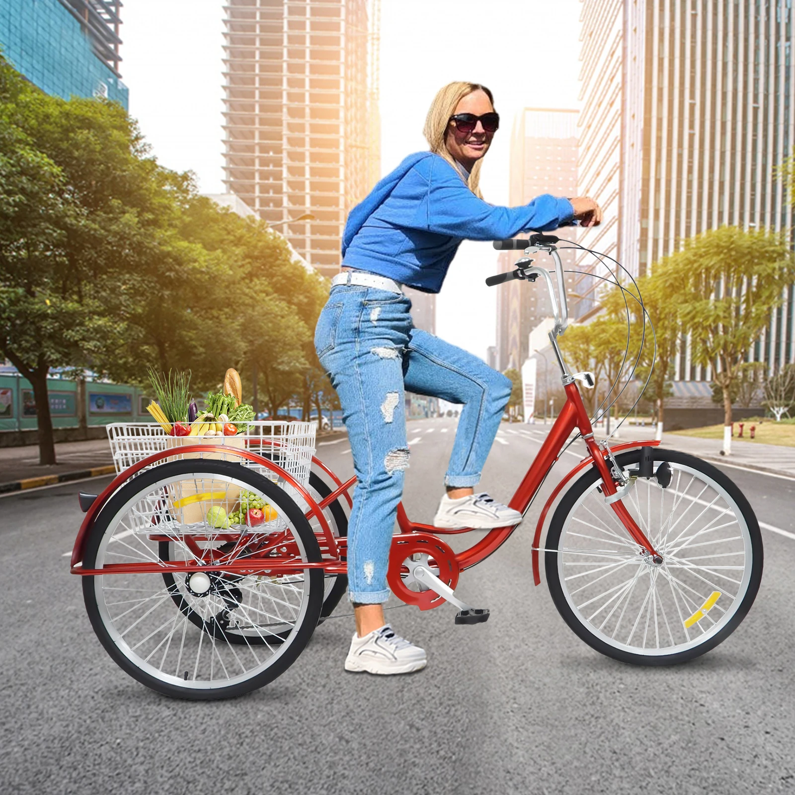 24 Pouces Triciclo Adulte 3 Roues Triciclo 6 Vitesses Avec Panier Cruise Trike Vev Triciclo Avec Panier + Lumiere Cruise Rouge