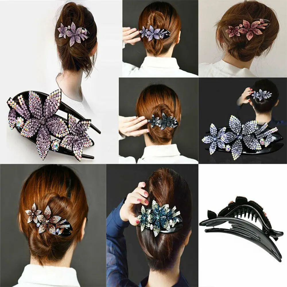 

HEALLOR New Hair Dovetail Clip Charm Hair Claw Durable Double Flower Hair Clip Flexible Rhinestone