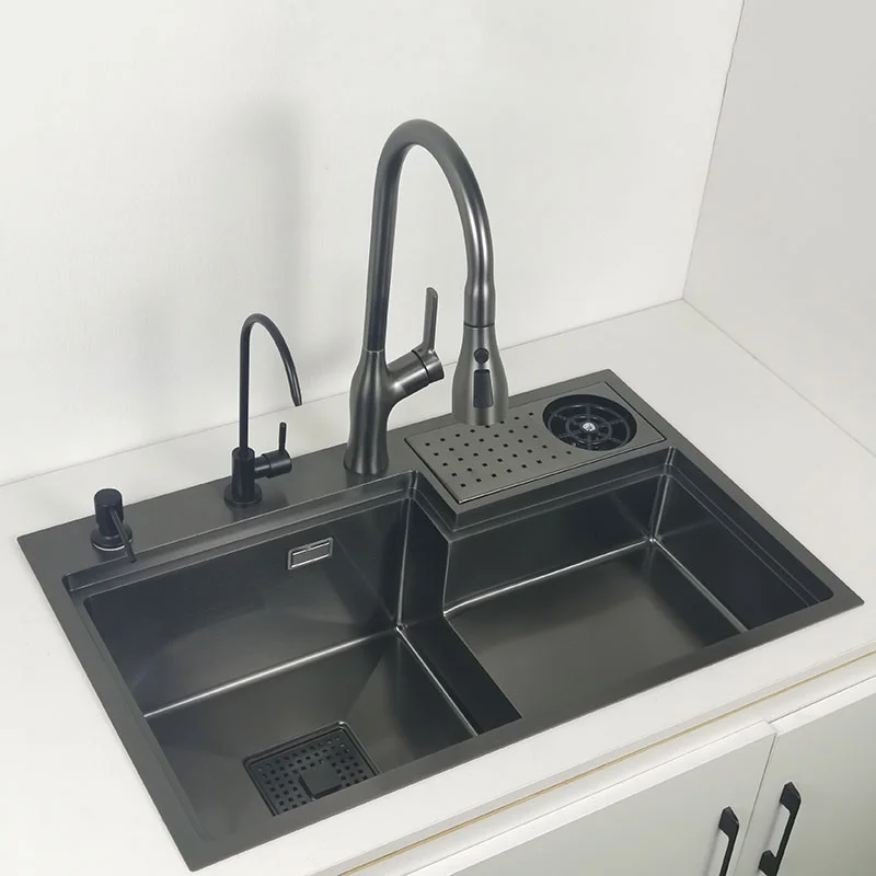 Black304StainlessSteelKitchenSinkwithCupWasherHighandLow