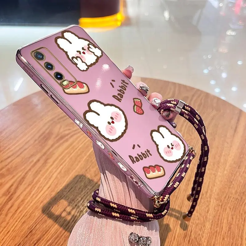 

Rabbit Strawberry Lanyard Plating Phone Case For VIVO Y22 Y35 Y30 Y20 Y20i Y20S Y33T Y76 Y12S Y15 Y21 V23 V23E V21 Cover