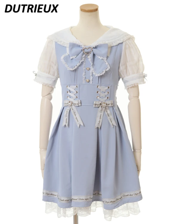 

Summer Sail Collar Short Sleeve Dress Lapel Strap Mine Series Mass-Produced Girly Sweet Cute Patchwork Waist-Slimming Dress