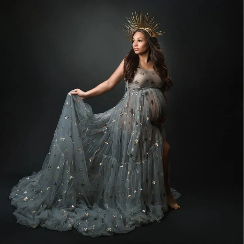 

Grey Blue Maternity Dresses for Photo Shoot Glitter Sequined Stars Tulle Maternity Gowns Photography Babyshower Pregnancy Dress