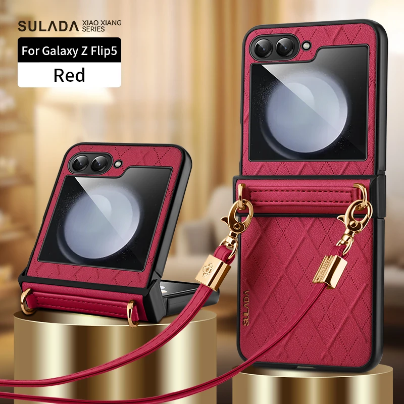 

Чехол для Samsung Galaxy Z Flip 5, Роскошный Жесткий Чехол из искусственной кожи для телефона из поликарбоната с ремешком через плечо для Z Flip 3 4