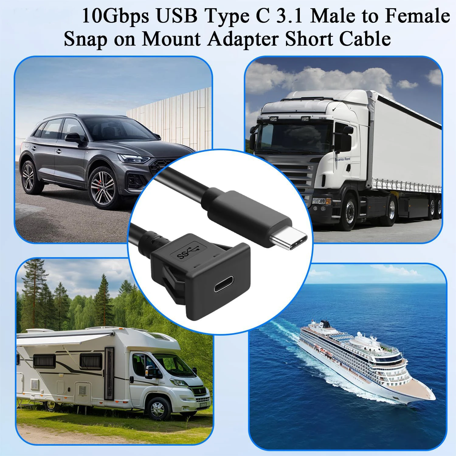 1M USB 2.0, 3.0, 3.1 케이블 C타입 남성-여성 사각 플러시 마운트 패널 연장 코드 (자동차, 트럭, 보트, 오토바이 대시보드용)