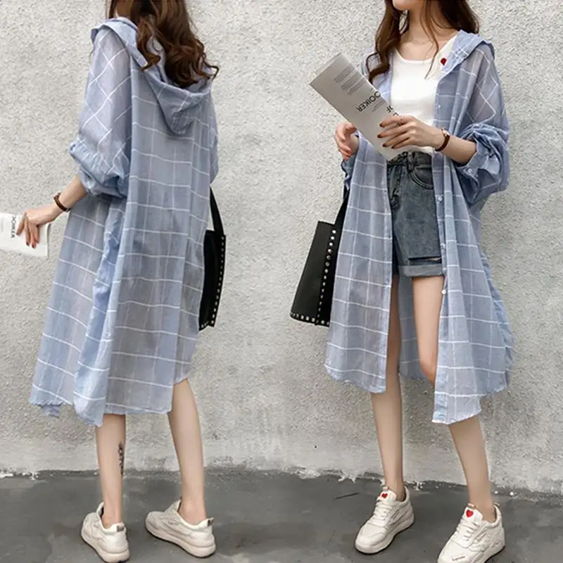 Outer Jacket Plaid Shirt Women's Clothing Hooded Mid-length Sun Protection Clothing Plus Size Loose Cardigan Coat Clear Jacket drawer dividers organizers adjustable kitchen drawer organizer clear drawers separators for clothing kitchen office storage