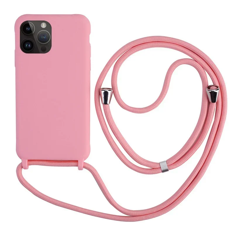 thumbnail image 1 of Funda de teléfono de silicona con correa cruzada y cordón para iPhone 16, 15, 14, 13, 12 Mini, 11 Pro Max Plus, carcasa trasera de TPU suave de color caramelo, 1 of 5
