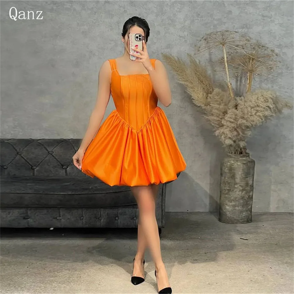 

Qanz Straps Mini Party Dress Women's Ruched Satin Short Prom Gowns Above Knee Lace-up Back Vestidos De Gala Cocktail Dresses