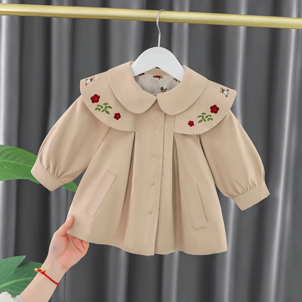 

​Trench For Girls Long Sleeves Autumn Trench Coat 2023 New Spring Windbreaker For Kids Flower Rabbit Embroidery Jacket Girl 0-5Y