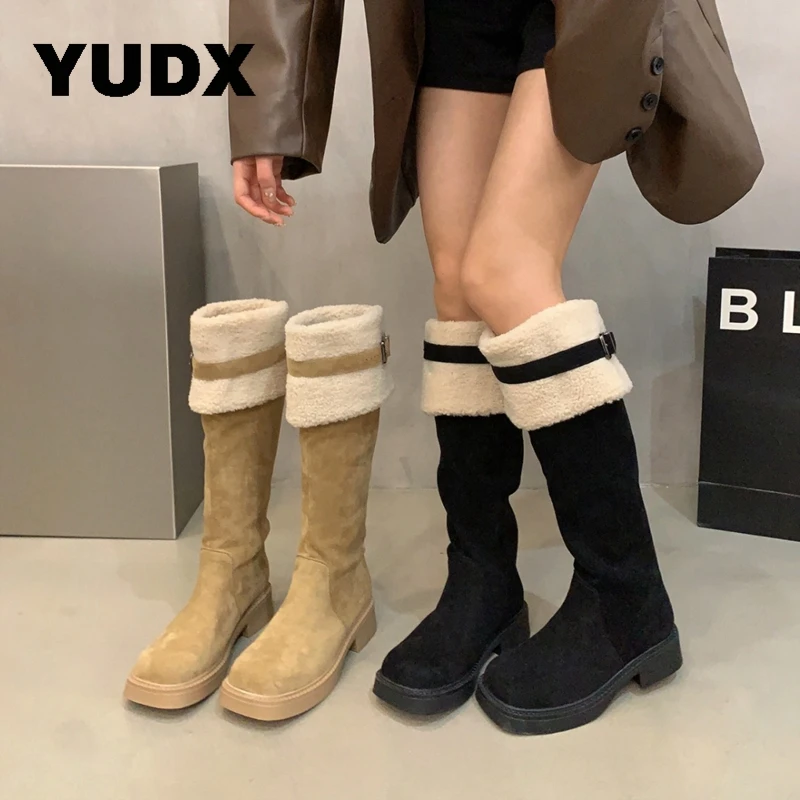 

Women Warm Plush Thigh High Boots Female Belt Non-slip Round Toe Over The Knee Boots Ladies Flock Platform Thick Heels Shoes