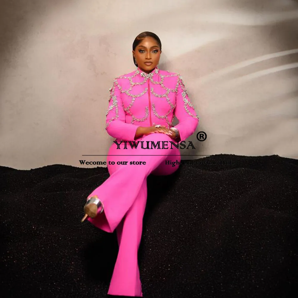 Unique Design Pink Women Suits Crystals Beaded Blazer Pants 2 Pieces Female Formal Party Mother Of Bride Dresses Laides Clothing