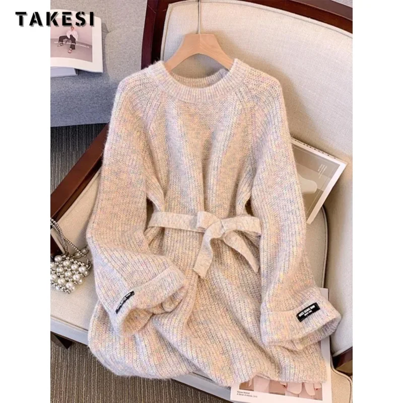 

Women Vintage Style Bow Belted Knitting Long Sleeve X-long Cardigans 2023 Winter Casual Oversized Fashion Chic Long Sweater