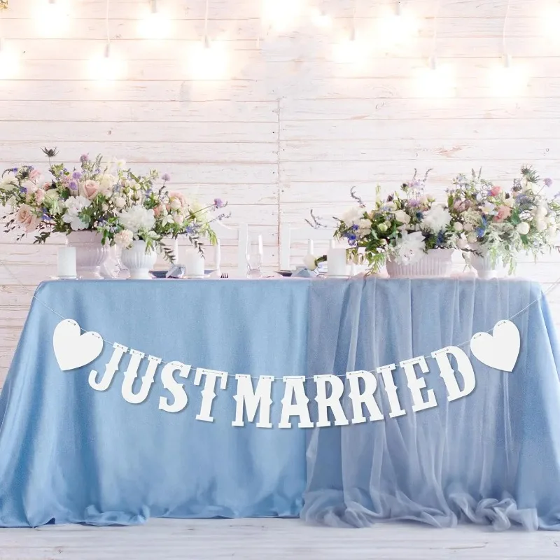 Vintage Pull Flag Bunting Set Just Married Wedding Banner with Floral Accents Bridal Shower Decor Photo Booth Props
