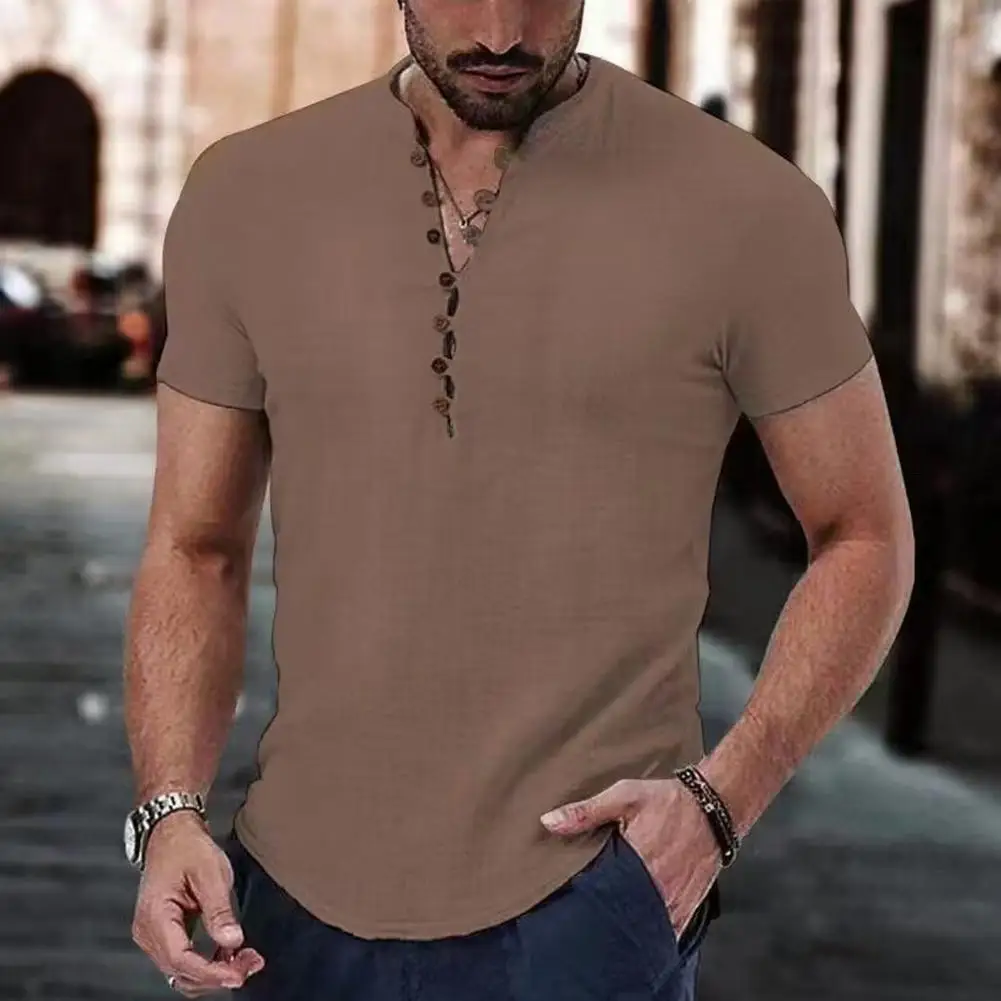 

Men's Cotton Linen Shirt Casual Button Top Loose Fit Short Sleeve T-shirt Breathable Summer Clothes For Daily Wear