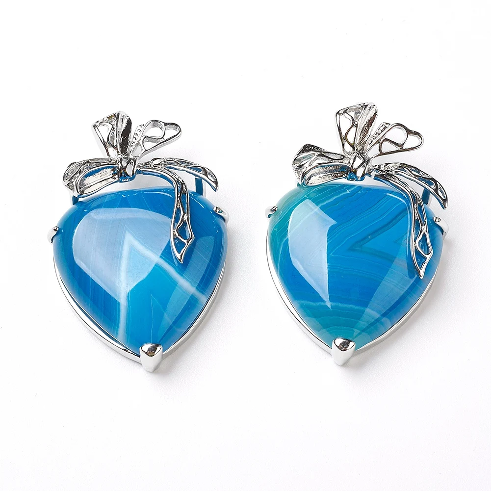 5pcs Assorted Heart Synthetic & Natural Agates Tiger Eye Rose Quartzs Stone Charms Pendants for DIY Jewelry Making 46x32x10mm