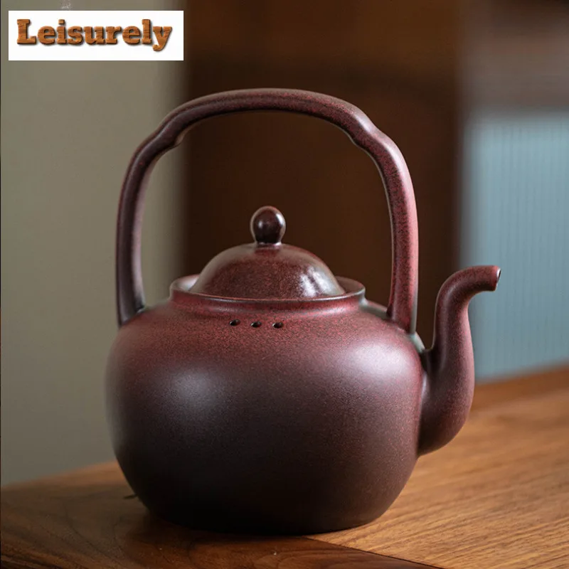 1000ML Zen Black Pottery Ceramic Teapothandmade Palace Lantern Lifting Handle Pot Boiling Water Kettle For Charcoal Stove Teaset
