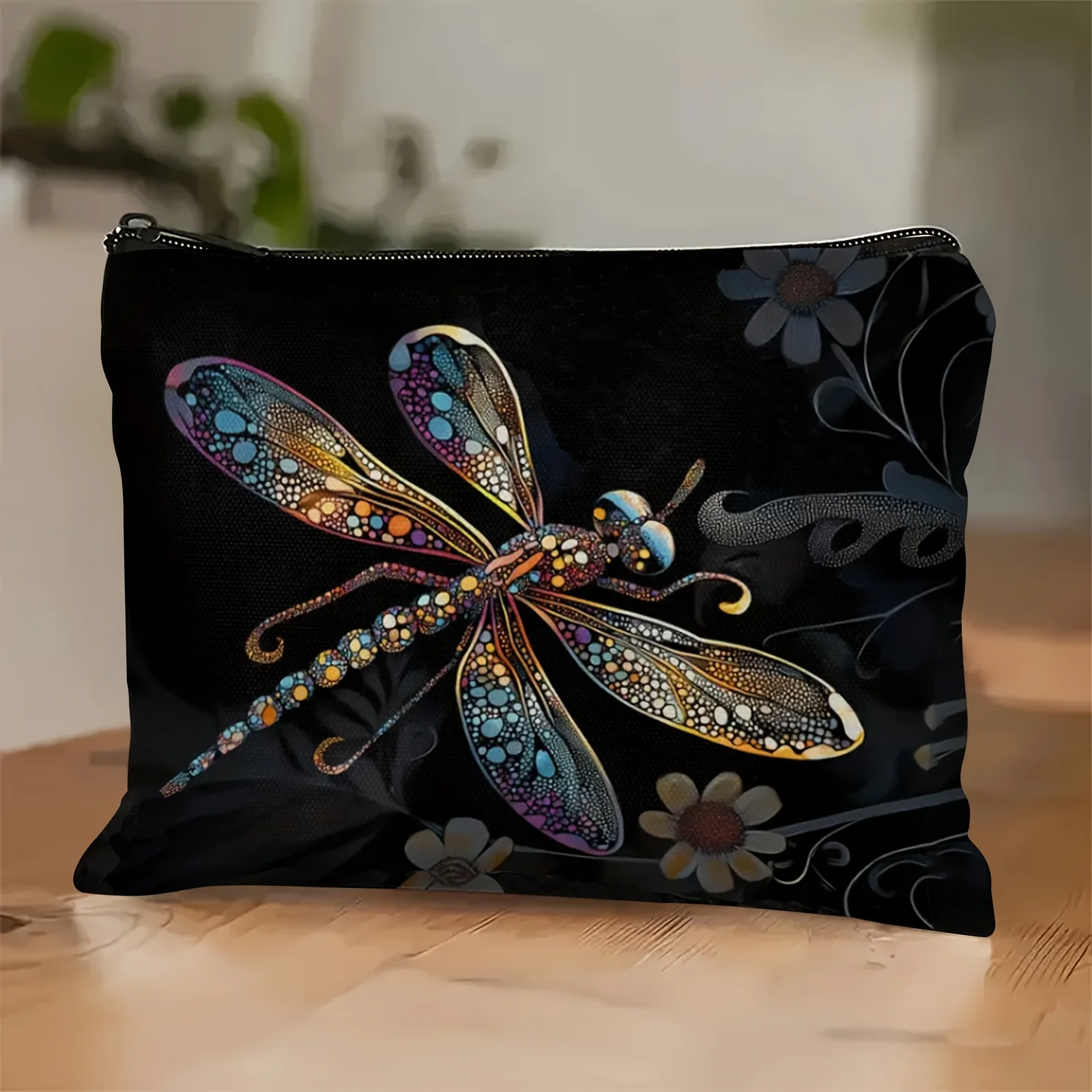 Sac à cosmétiques à motif libellule - Sac à main multifonctionnel mignon avec fermeture éclair, sac de rangement pour bijoux