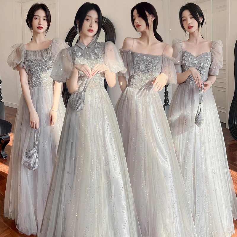 Женские серые платья подружки невесты, новые стильные темпераментные Свадебные платья для сестер, женское длинное вечернее платье на весну и лето Женские серые платья подружки невесты, новые стильные темпераментные Свадебные платья для сестер, женское длинное вечернее платье на весну и лето