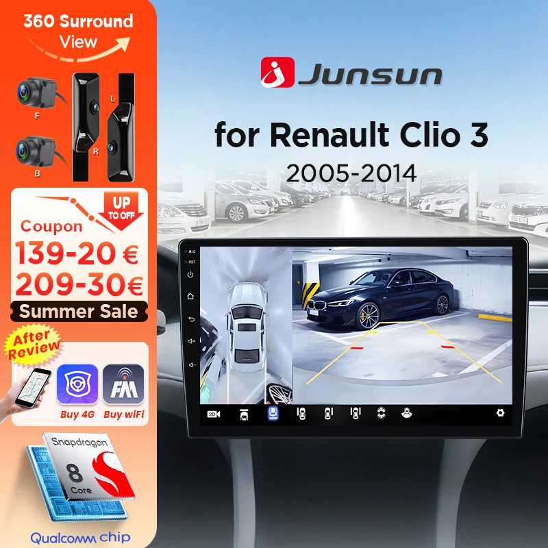Junsun 360 ° Radio samochodowe z kamerą panoramiczną do Renault Clio Bezprzewodowy CarPlay Ekran Android Auto Stereo GPS Navi WiFi BT