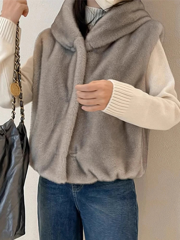 Chic Autumn Winter Vintage Hooded Mink Fur Vest Loose Versatile oulder Pad Women's Jaet Classy Outerwear Coat Fem