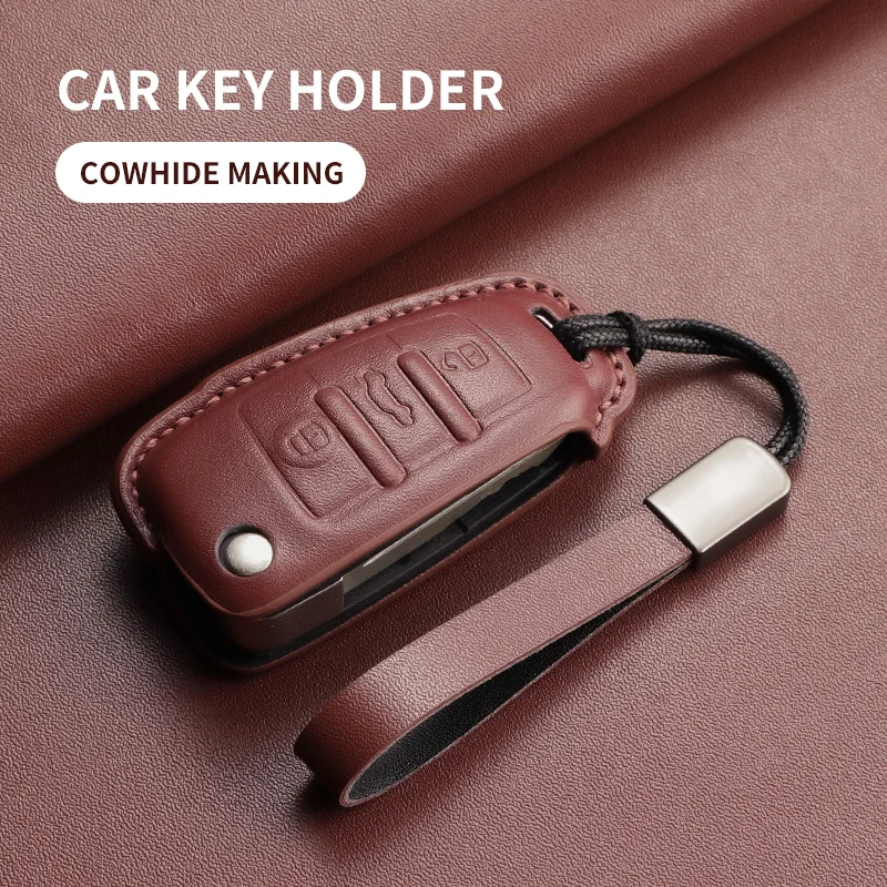 Premium Leather Car Key Case Cover with Keychain - Luxury Auto Accessories